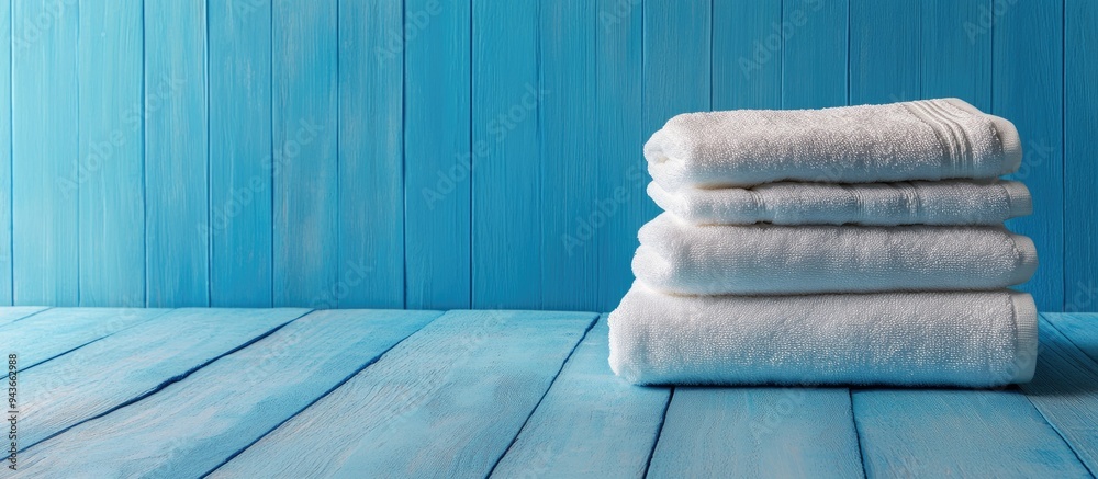 Aufkleber A pile of towels on a blue wooden surface. with copy space image. Place for adding text or design