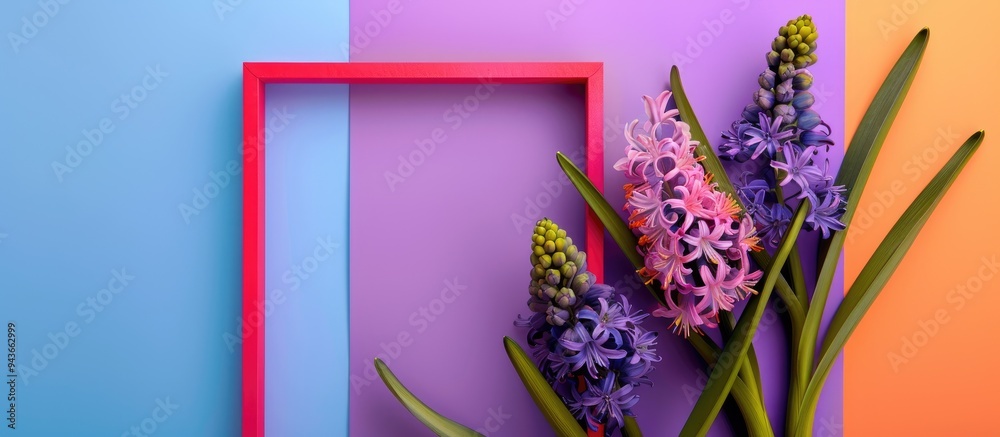 Aufkleber Arrangement featuring a paper frame plant branches and hyacinth flowers against a colored background. with copy space image. Place for adding text or design