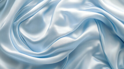 Obraz premium Close-up of light blue satin fabric with soft, flowing folds, showcasing its smooth texture and elegant, glossy finish. 