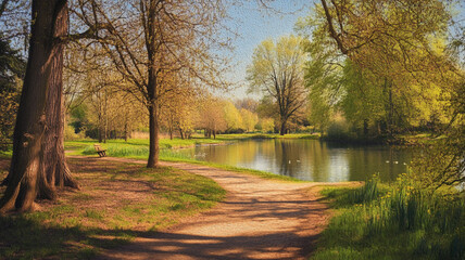 A tranquil spring morning by the serene lake with lush greenery and a winding path in a peaceful park