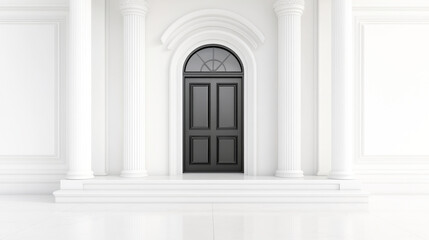Fototapeta premium Elegant black door framed by classic white columns, showcasing minimalistic architecture in a bright, open space.