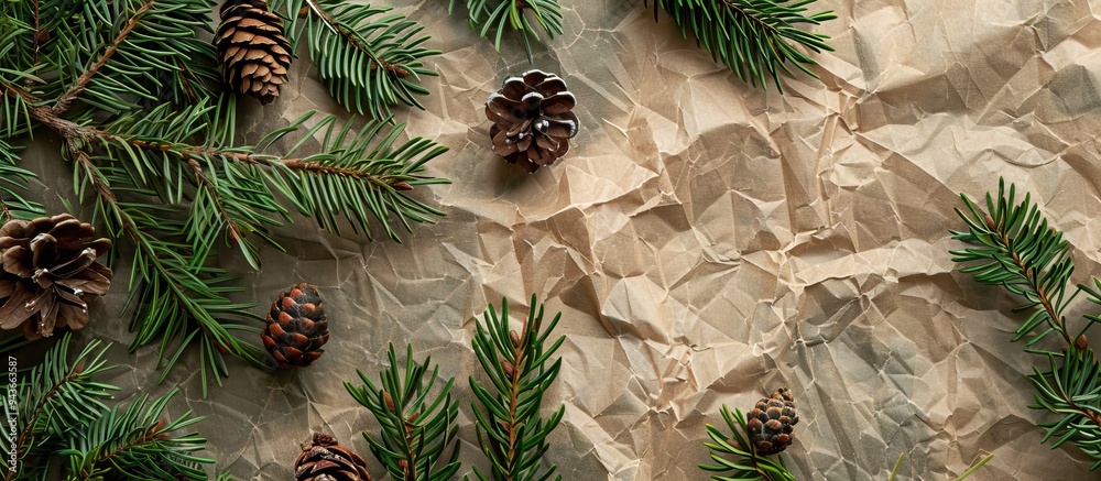 Aufkleber spruce twigs and paper christmas decorations on a wrinkled green linen textile background. with copy