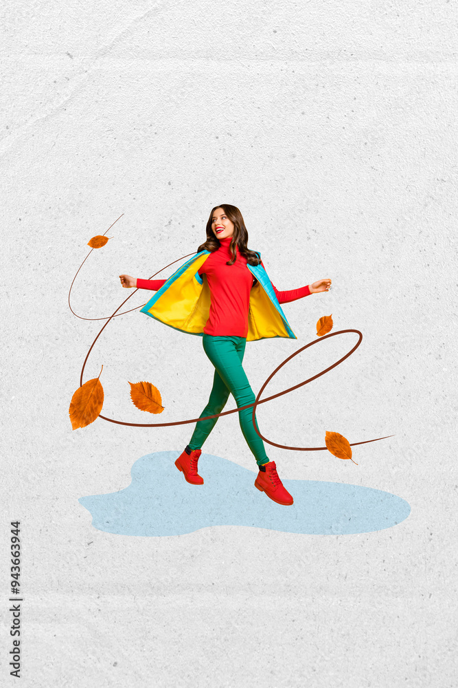 Poster Vertical photo collage of happy girl walk park dry leaves autumn fall november atmosphere street outdoors isolated on painted background