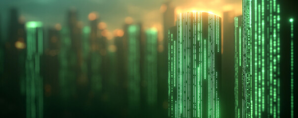 Futuristic digital landscape featuring glowing green binary code in a cybernetic environment.