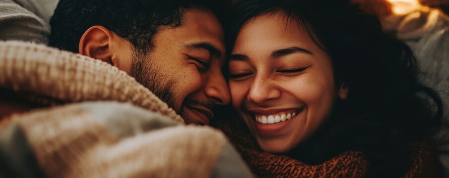 Close-up of a happy couple cuddling under the blanket with big smiles on their faces, conveying warmth and affection in a cozy and intimate setting.