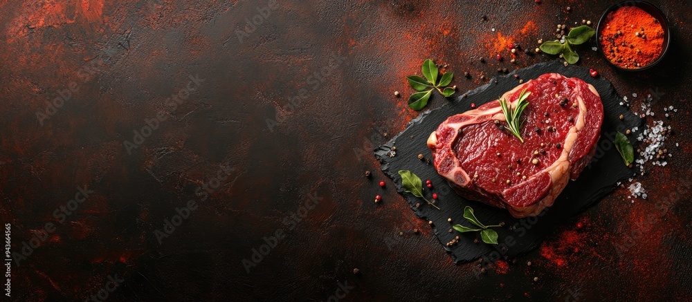 Aufkleber raw rib eye beef steak with spices and cooking ingredients on a dark rusty background with copy spac
