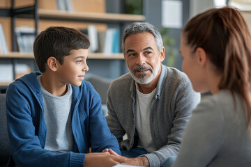 Teacher having meeting with parent of schoolboy
