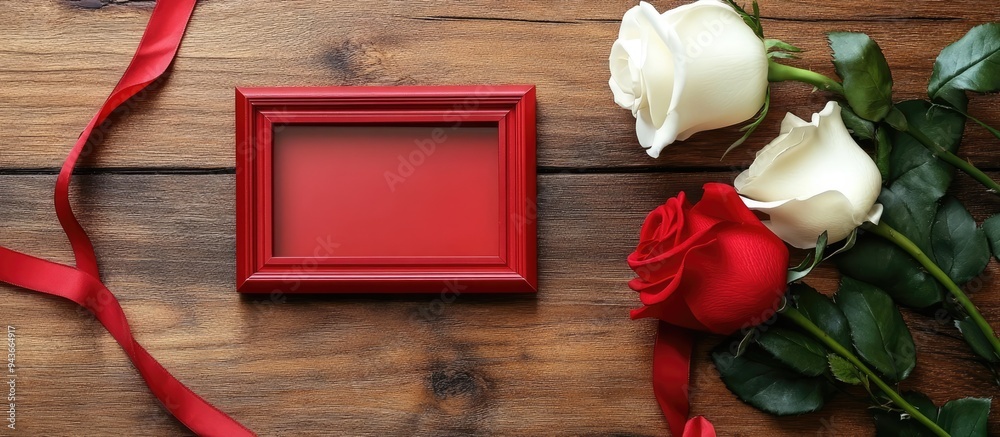 Poster Valentine s Day theme featuring lovely white roses and a red photo frame on a natural wood background from a top view. with copy space image. Place for adding text or design