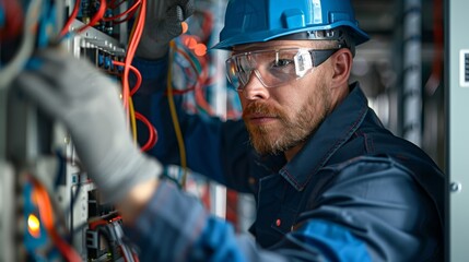 A man in a blue jacket and a blue helmet is working on electrical wires