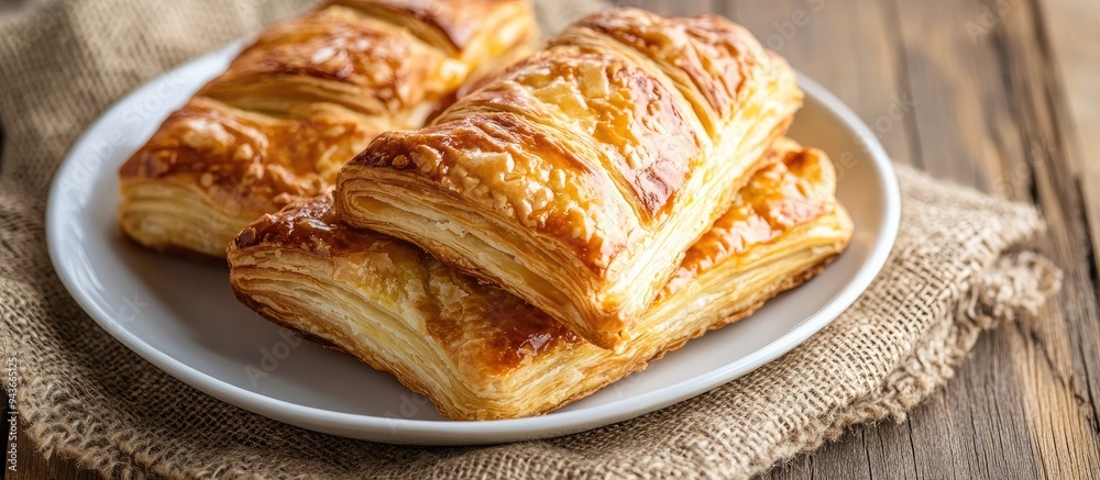 Aufkleber Pineapple danish pastry on a white dish set against a brown sack background. with copy space image. Place for adding text or design