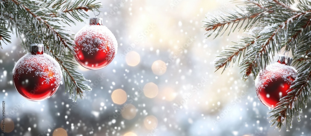 Aufkleber Pine branches covered in white frost with Christmas balls hanging from them Christmas and New Year. with copy space image. Place for adding text or design