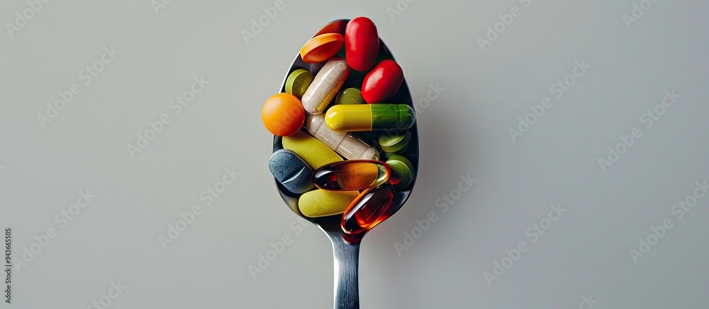 Poster vitamins and supplements pills capsules and tablets in a small dish healthcare self care and wellnes
