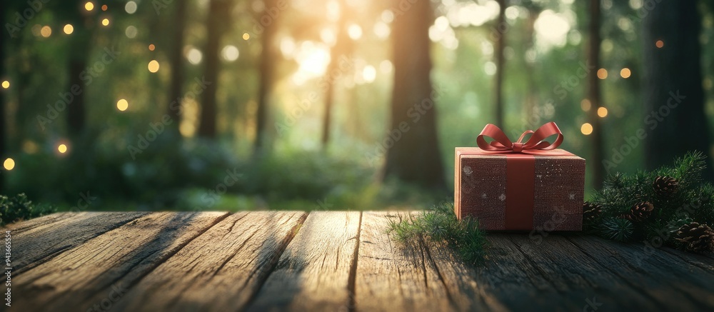 Poster Gift box on wood with a forest backdrop. with copy space image. Place for adding text or design