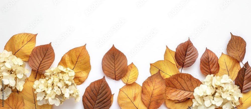 Poster arrangement of yellow and brown beech autumn leaves and hydrangea flowers mockup on a white backgrou
