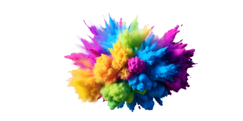 A dynamic and vibrant explosion of colorful powder, featuring a mix of blue, yellow, pink, and green hues. The powder burst is captured with stunning detail, isolated on a transparent background.