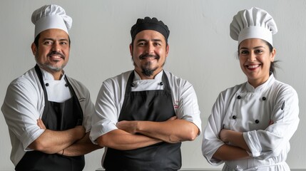 Three chefs are posing for a photo, all wearing white uniforms and black aprons