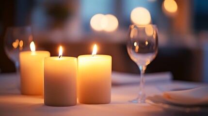 close-up of burning candles flickering on a restaurant table, surrounded by fine dining settings and a warm, inviting atmosphere, with soft shadows playing on the walls