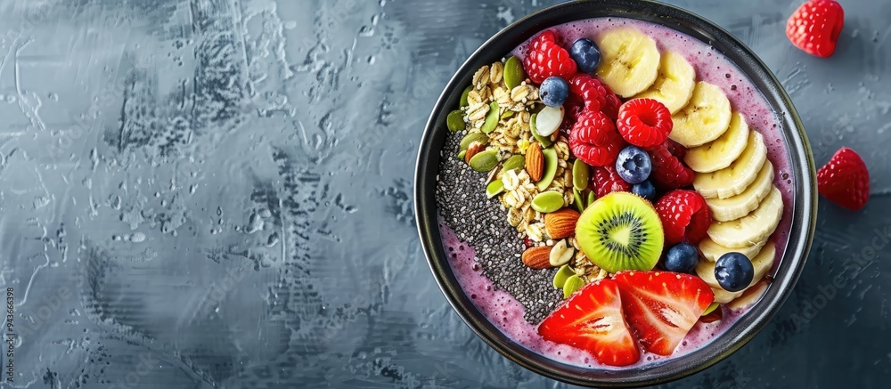 Poster Top view of a smoothie bowl featuring fresh fruits and nuts on a grey background. with copy space image. Place for adding text or design