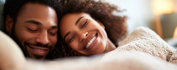 Close-up of a couple lying together under a cozy blanket, smiling and enjoying a peaceful, intimate moment in a comfortable setting.