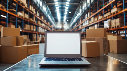 Warehouse with Laptop and Stacked Boxes. Laptop is positioned on a table in a large warehouse, surrounded by stacked boxes, highlighting the role of technology in logistics.