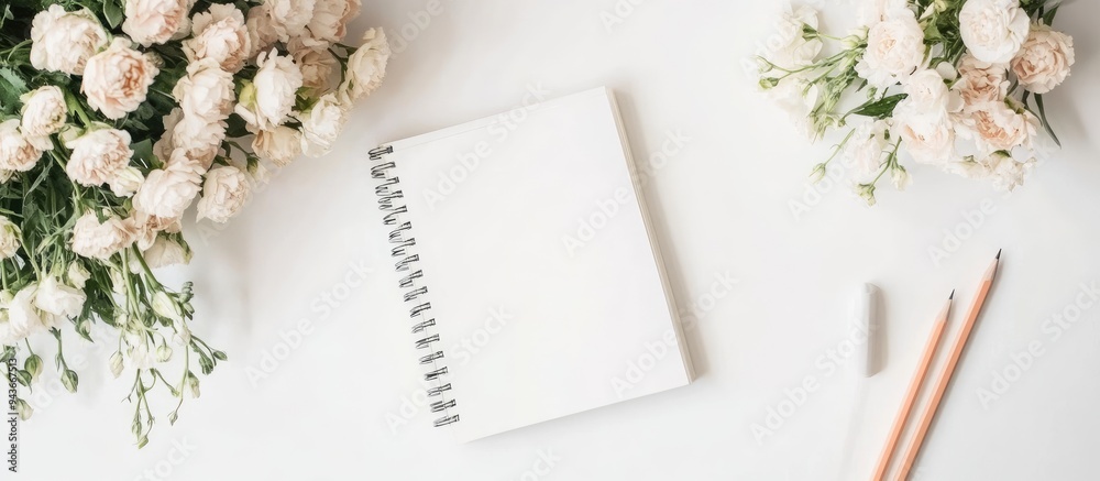 Poster a bouquet of flowers a notebook and a pencil on a white table copy space