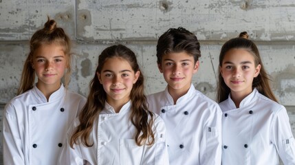 Fototapeta premium Four young people in chef uniforms are smiling for the camera