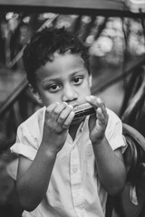 A boy sits on a wooden chair and plays the harmonica