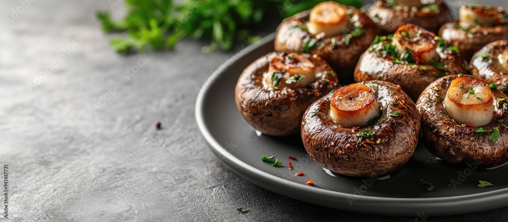 Leinwandbilder plate of delicious stuffed mushrooms on a grey table. with copy space image. place for adding text o