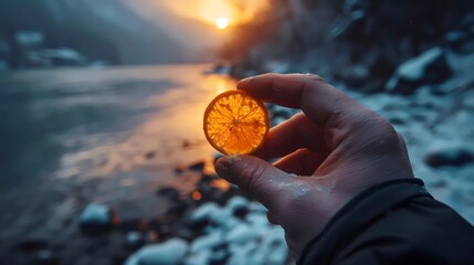 A hand holding an orange slice in front of a body of water