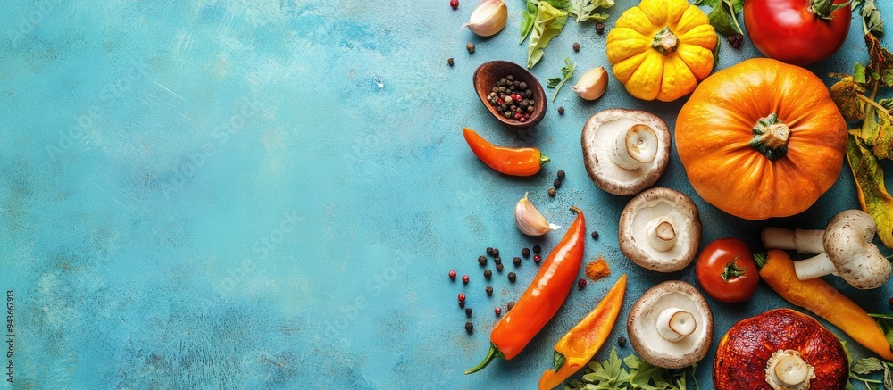 Aufkleber ingredients for making indian curry using vegetables pumpkins and mushrooms on a blue background alo