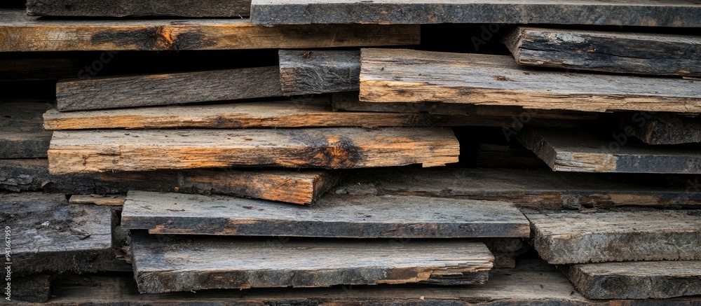 Aufkleber Old decayed discarded decking planks piled up side view. with copy space image. Place for adding text or design