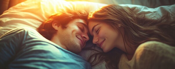 Close-up of a loving couple lying side by side in bed with warm morning light creating a serene and peaceful atmosphere