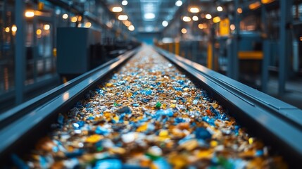 A conveyor belt filled with colorful recycled materials highlights a circular economy manufacturing process at work.