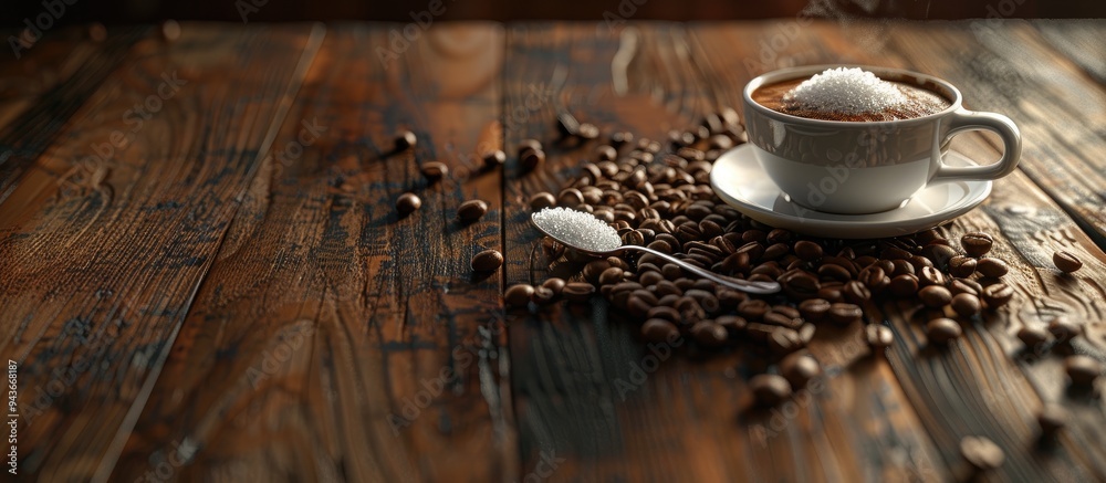 Leinwandbilder coffee cup with sugar on a spoon and coffee beans resting on a wooden surface. with copy space image