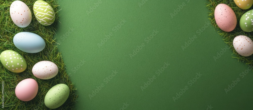 Poster Top view of Easter decorations featuring eggs on grass with a green background. with copy space image. Place for adding text or design