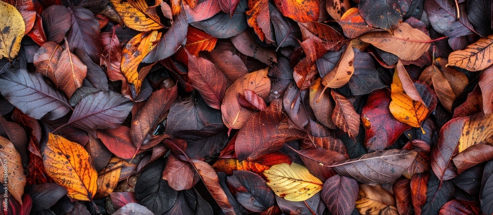 Poster Fallen variegated leaves in late autumn display colors of red brown orange and yellow. with copy space image. Place for adding text or design