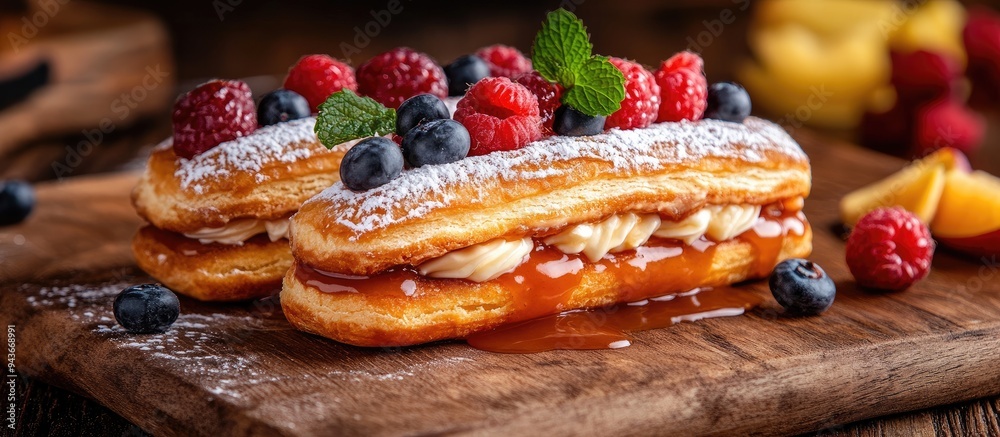Poster Bomb filled with dulce de leche A traditional Brazilian eclair sliced in half with fruit placed on a rustic wooden board. with copy space image. Place for adding text or design