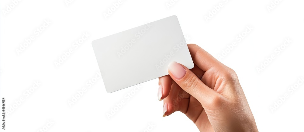 Fototapete an empty card held in a woman s hand against a white background. with copy space image. place for ad