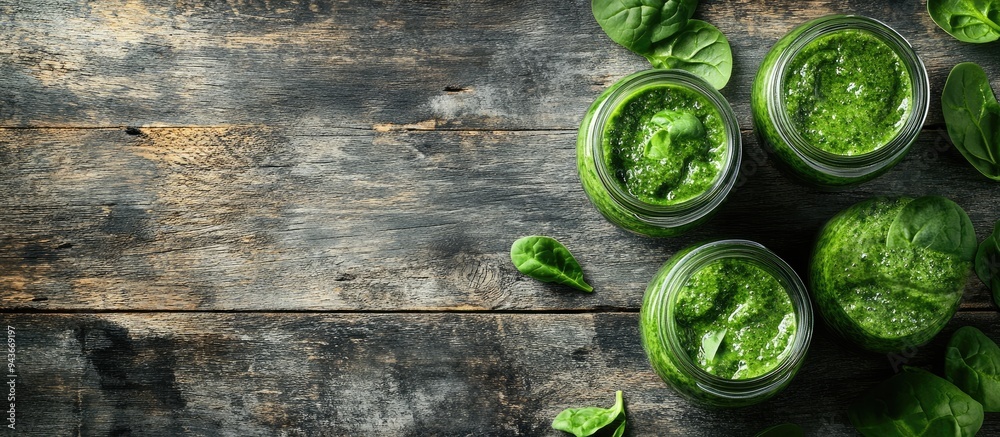 Poster healthy green smoothie jars with fresh spinach on a grey wooden table top view copyspace available