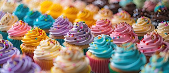 Dessert display featuring delicious cupcakes on a colored background. with copy space image. Place for adding text or design
