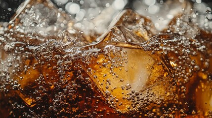 A zoomed-in view of a cola drink with ice, capturing the bubbly texture and refreshing look