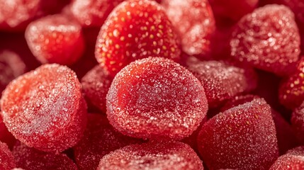 A close-up view of strawberry candy, showcasing its bright red color and sugary coating