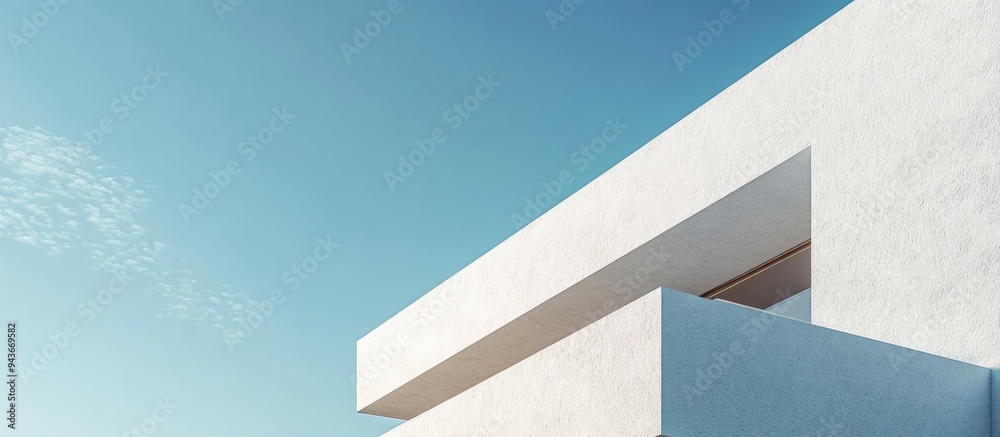 Poster side of a contemporary white geometric facade contrasting with the sky. with copy space image. place