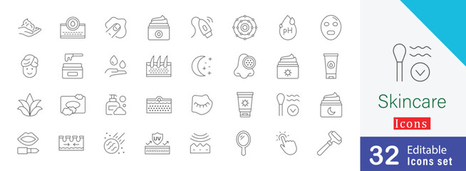 Skincare editable stroke Icon collection. containing sunscreen, wax, face roller, organic, acne , skin, pores and more icon style