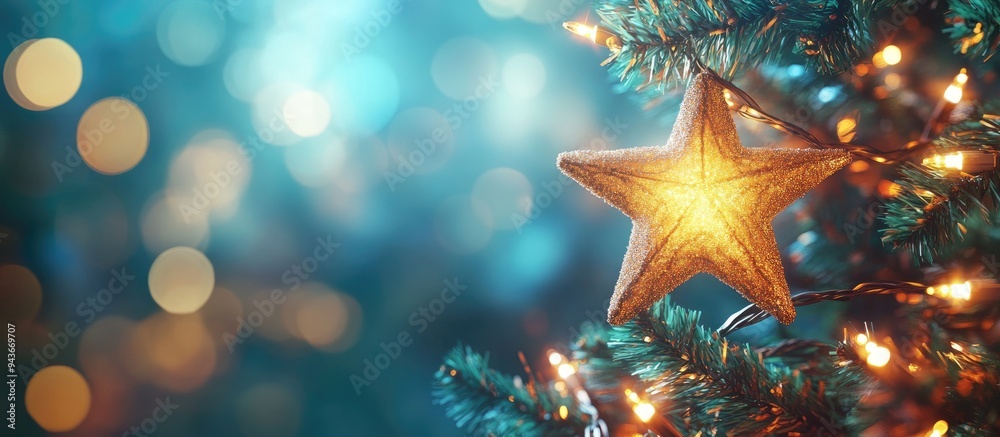 Poster Star shaped Christmas lights on the tree Blurred Christmas background. with copy space image. Place for adding text or design