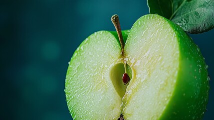 A zoomed-in view of a halved green apple, showcasing the crisp green flesh and fresh appearance
