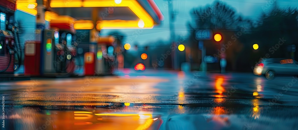 Poster blurred gas station at night defocused gas station and convenience store in the evening abstract blu