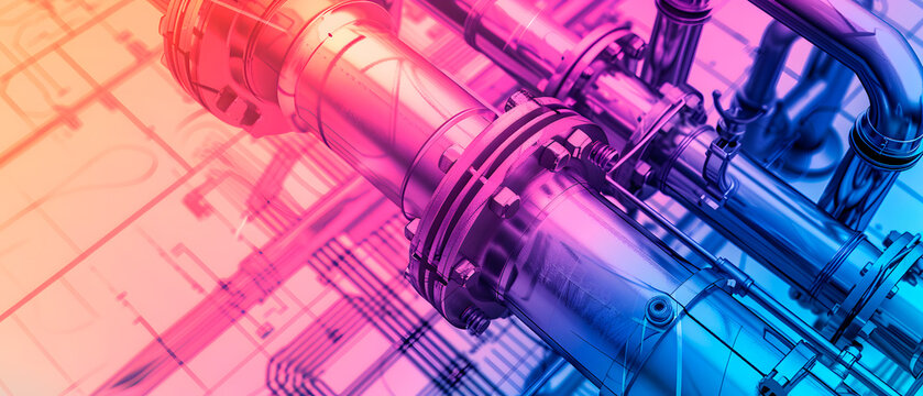 Close-up of a plumbing layout with colorful double exposure of pipes, blending technical schematics and infrastructure design concepts