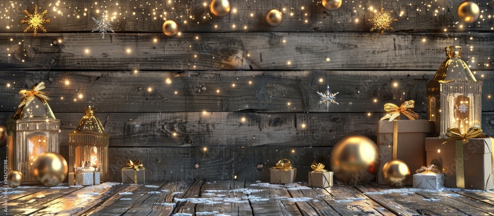 Poster christmas backdrop featuring gift boxes golden balls and decorations on a wooden surface new year te