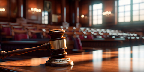 Close-up of a gavel on a wooden table in an empty courtroom, symbolizing justice, law, and legal proceedings in a formal setting